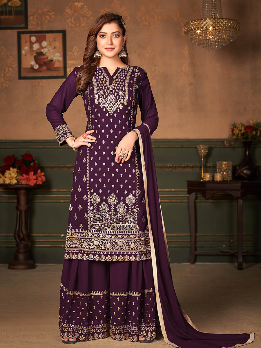 Myra Wine Faux Georgette Embroidered Sharara Suit