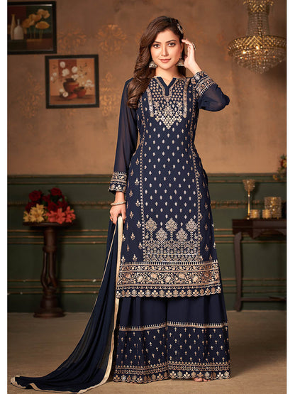 Myra Navy Blue Faux Georgette Embroidered Sharara Suit
