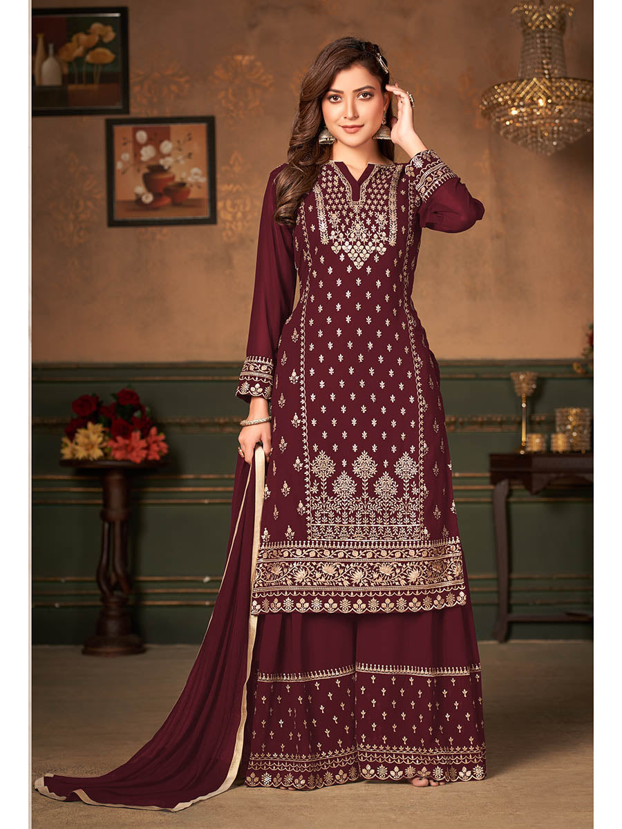 Myra Maroon Faux Georgette Embroidered Sharara Suit