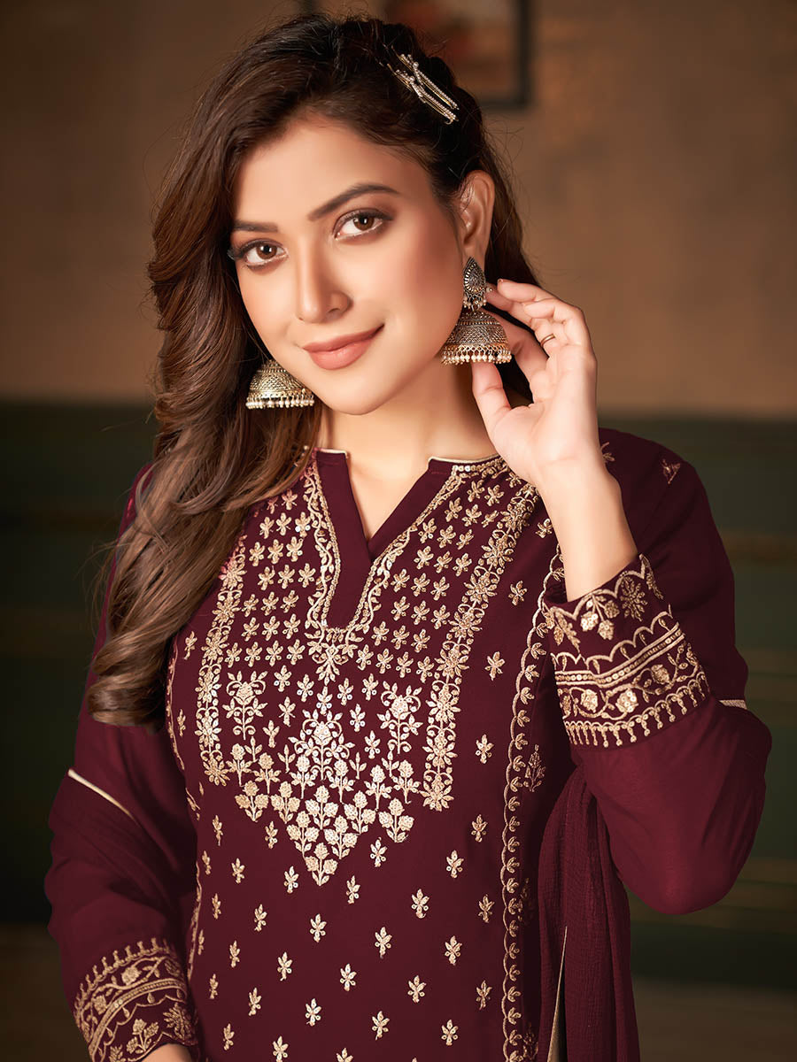Myra Maroon Faux Georgette Embroidered Sharara Suit