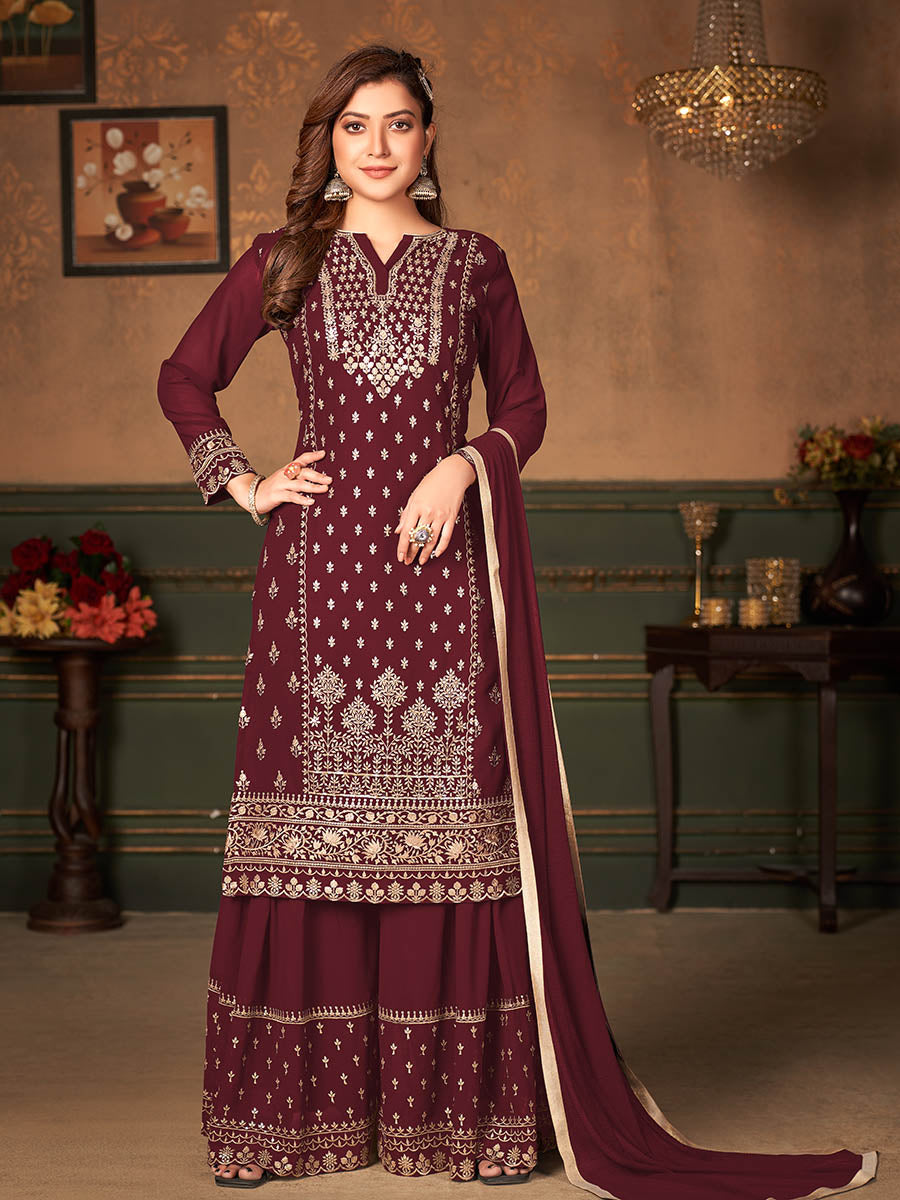 Myra Maroon Faux Georgette Embroidered Sharara Suit
