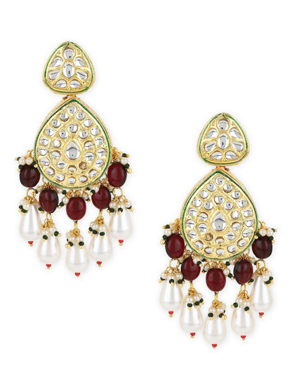 Gold-Toned White Kundan Contemporary Gold-Polished Jhumkas Earrings - Ruby Raang
