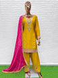 Aarshi Fashions Yellow Chinon Wedding Suits