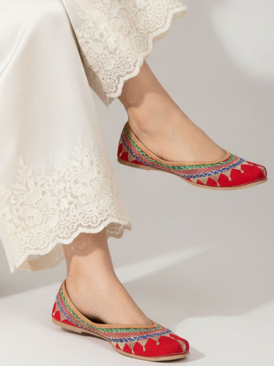 Desi Colour Women Indian Ethnic Footwear-Embroidered Red Zari