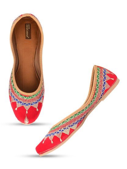 Desi Colour Women Indian Ethnic Footwear-Embroidered Red Zari