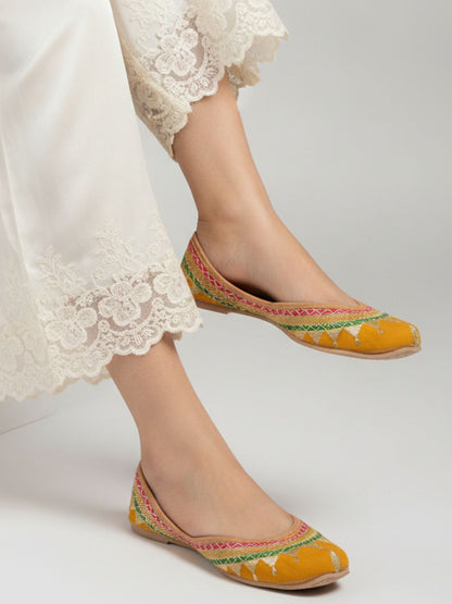 Desi Colour Women Indian Ethnic Footwear-Embroidered Mustard Zari