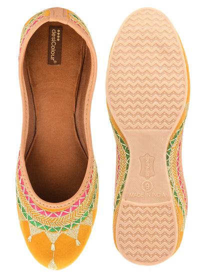 Desi Colour Women Indian Ethnic Footwear-Embroidered Mustard Zari