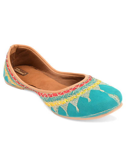 Desi Colour Women Indian Ethnic Footwear-Embroidered Sea Green Zari
