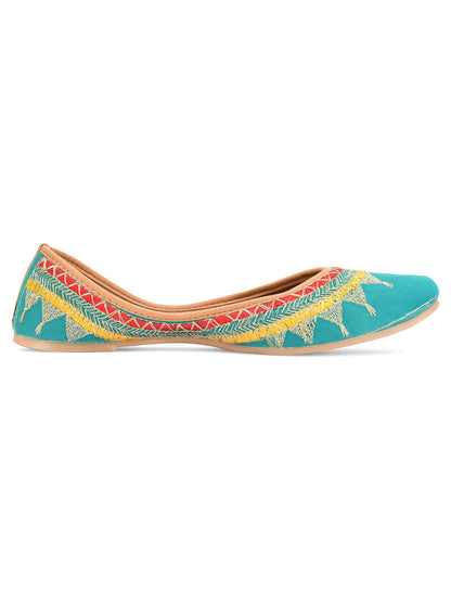 Desi Colour Women Indian Ethnic Footwear-Embroidered Sea Green Zari