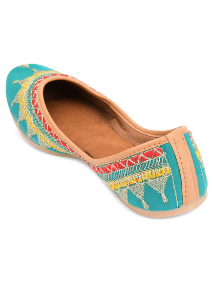 Desi Colour Women Indian Ethnic Footwear-Embroidered Sea Green Zari