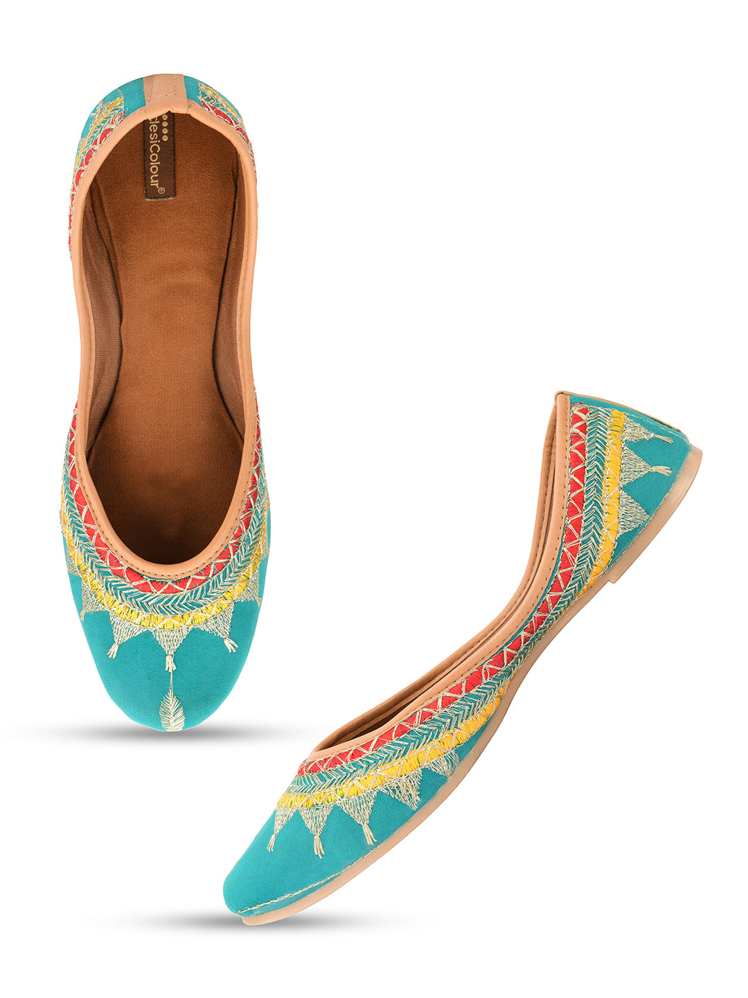 Desi Colour Women Indian Ethnic Footwear-Embroidered Sea Green Zari