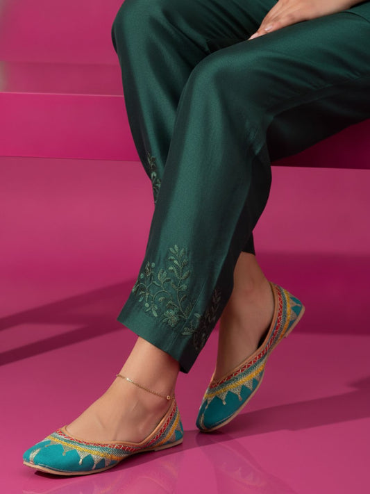 Desi Colour Women Indian Ethnic Footwear-Embroidered Sea Green Zari