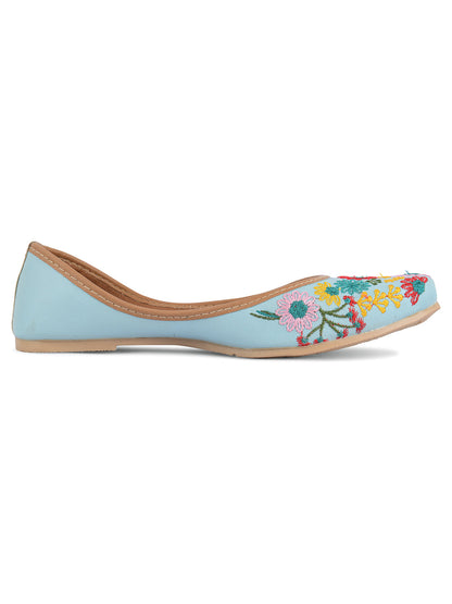 Desi Colour Women Indian Ethnic Footwear-Cushioned Sky Blue Floral Emb