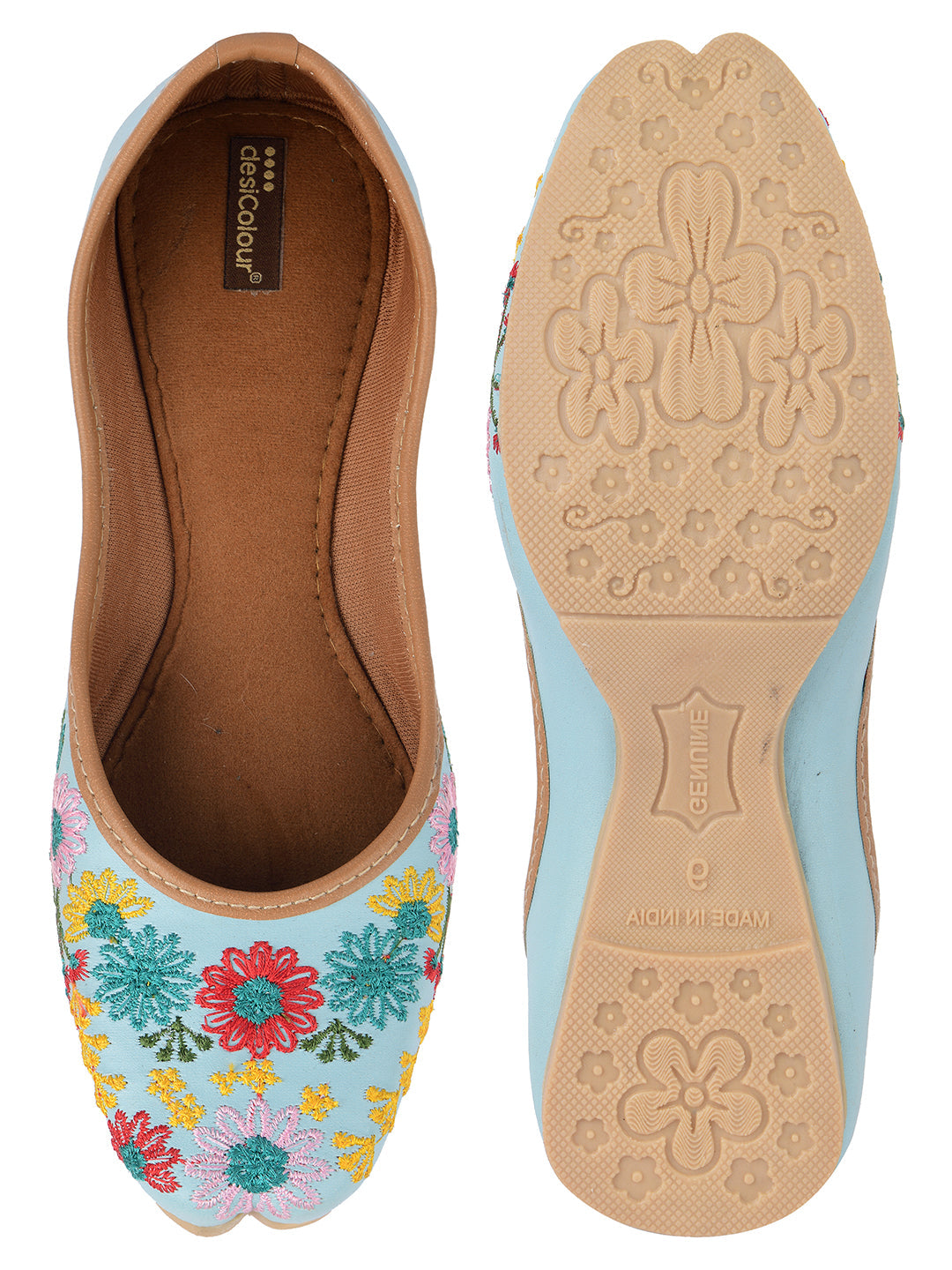 Desi Colour Women Indian Ethnic Footwear-Cushioned Sky Blue Floral Emb