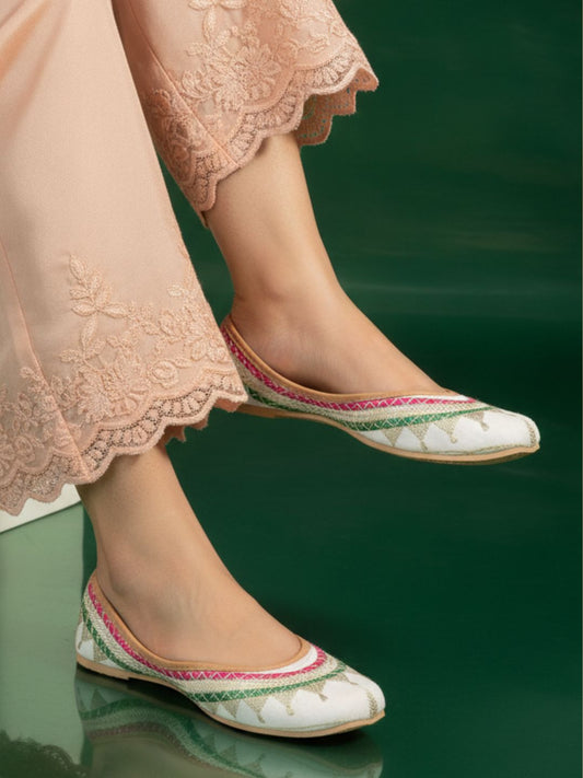 Desi Colour Women Indian Ethnic Footwear-White Zari Work