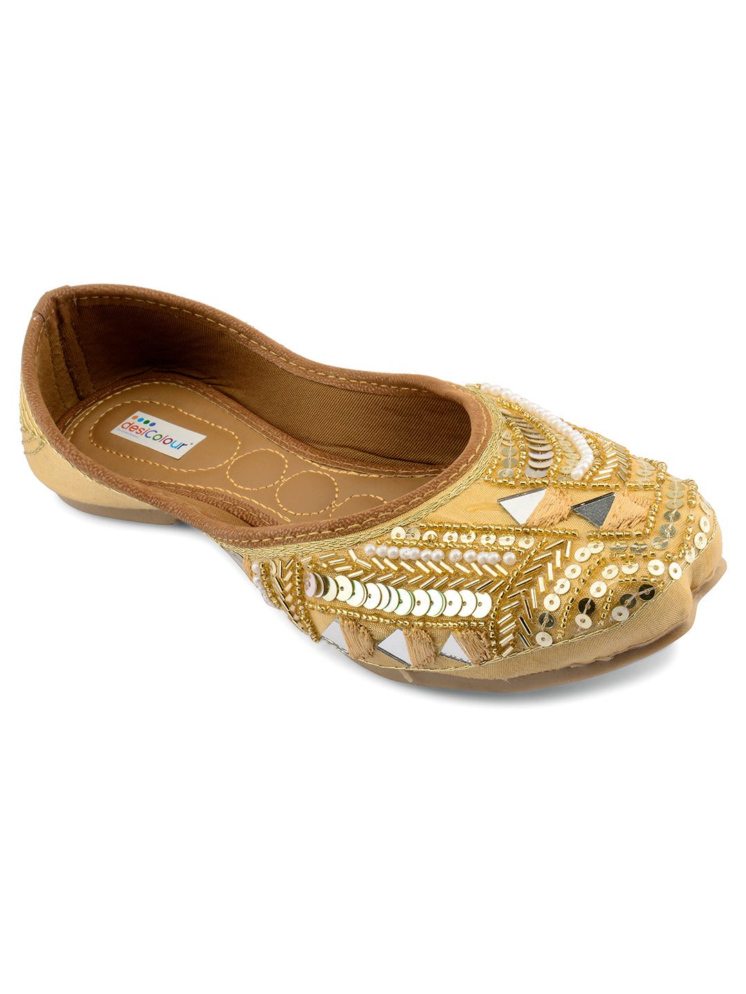 Desi Colour Women Indian Ethnic Footwear-Golden Mirror Emb