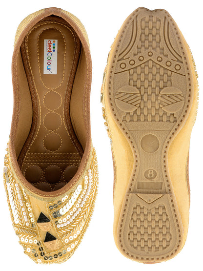 Desi Colour Women Indian Ethnic Footwear-Golden Mirror Emb
