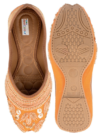 Desi Colour Women Indian Ethnic Footwear-Party Wear Orange Pearl Work