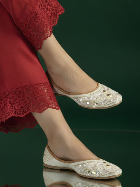 Desi Colour Women Indian Ethnic Footwear-White Mirror Emb