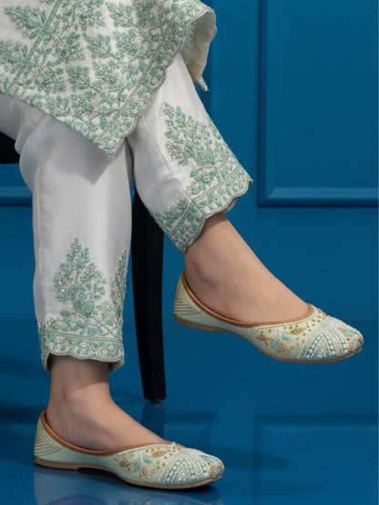 Desi Colour Women Indian Ethnic Footwear-Sea Green Criss Cross-1