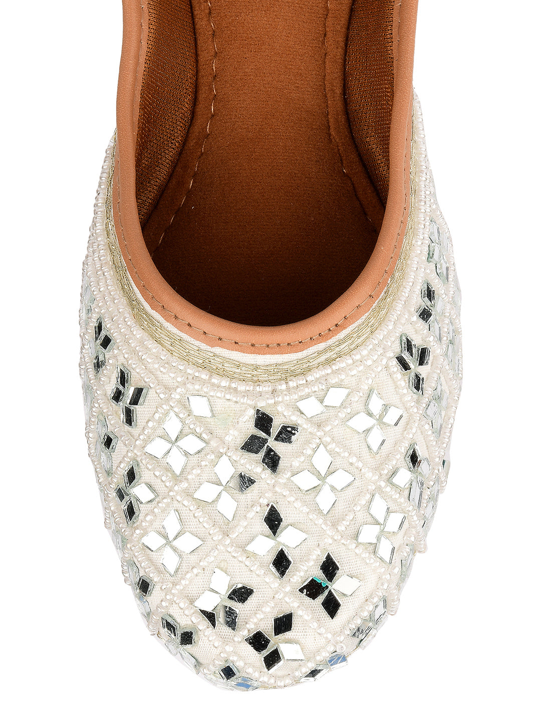 Desi Colour Women Indian Ethnic Footwear-Women's White Ethnic Mirror Mojari