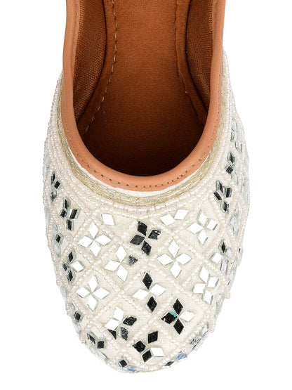 Desi Colour Women Indian Ethnic Footwear-Women's White Ethnic Mirror Mojari