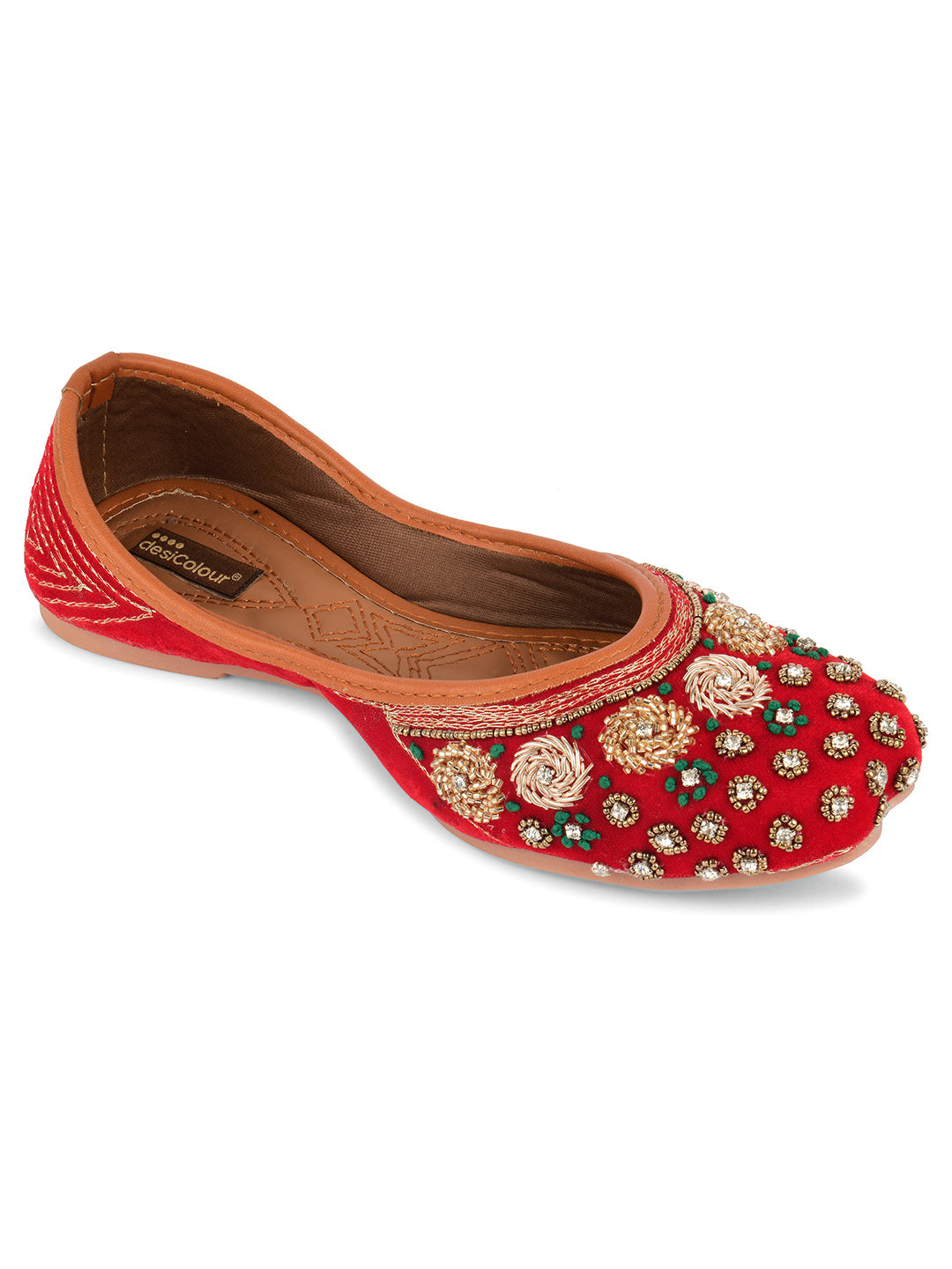 Desi Colour Women Indian Ethnic Footwear-Red Velvet Stone