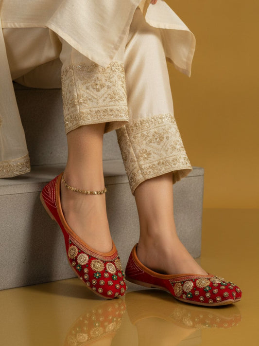 Desi Colour Women Indian Ethnic Footwear-Red Velvet Stone