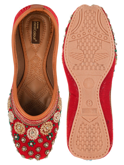 Desi Colour Women Indian Ethnic Footwear-Red Velvet Stone