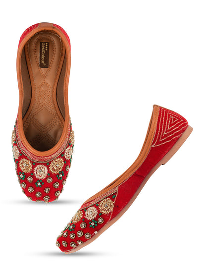 Desi Colour Women Indian Ethnic Footwear-Red Velvet Stone