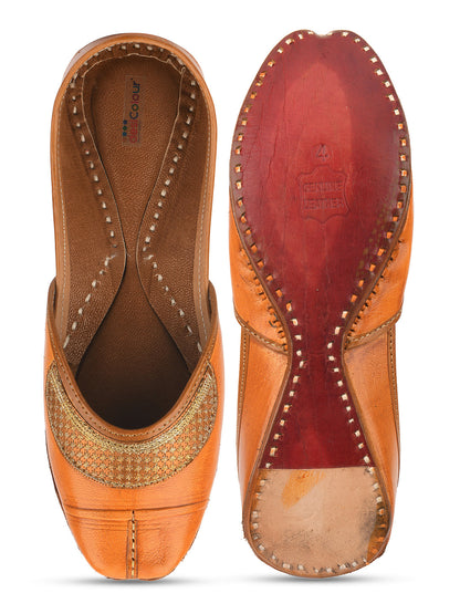 Desi Colour Women Indian Ethnic Footwear-Tan Leather Emb
