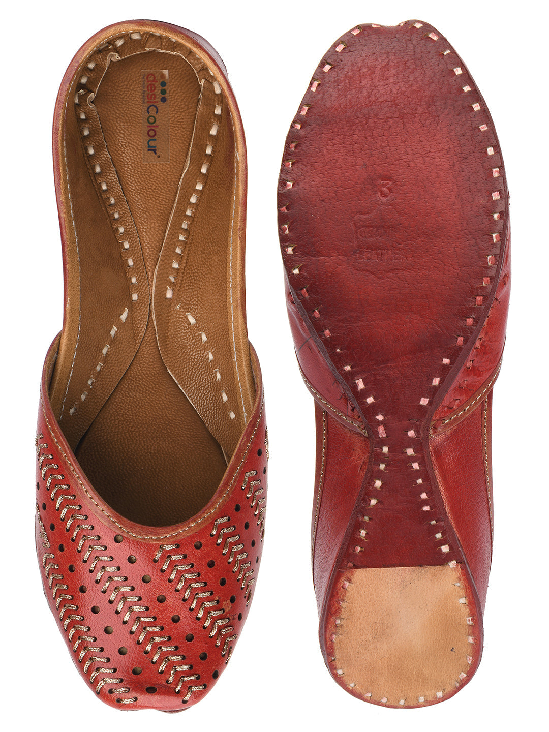 Desi Colour Women Indian Ethnic Footwear-Red Leather Zari