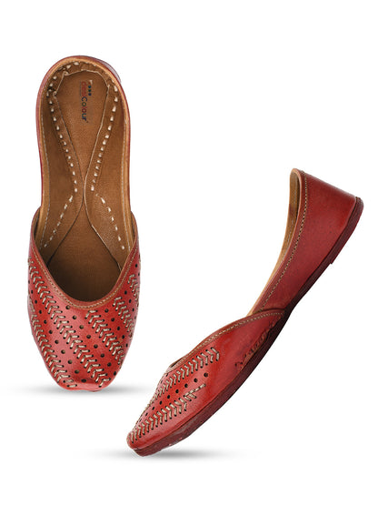 Desi Colour Women Indian Ethnic Footwear-Red Leather Zari