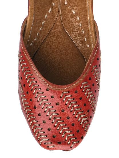 Desi Colour Women Indian Ethnic Footwear-Red Leather Zari