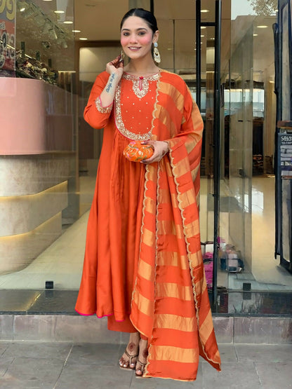 The52 Rust Women's Gorgeous Embroidered Work Chanderi Fabric Flared Kurta Pant and Dupatta Set