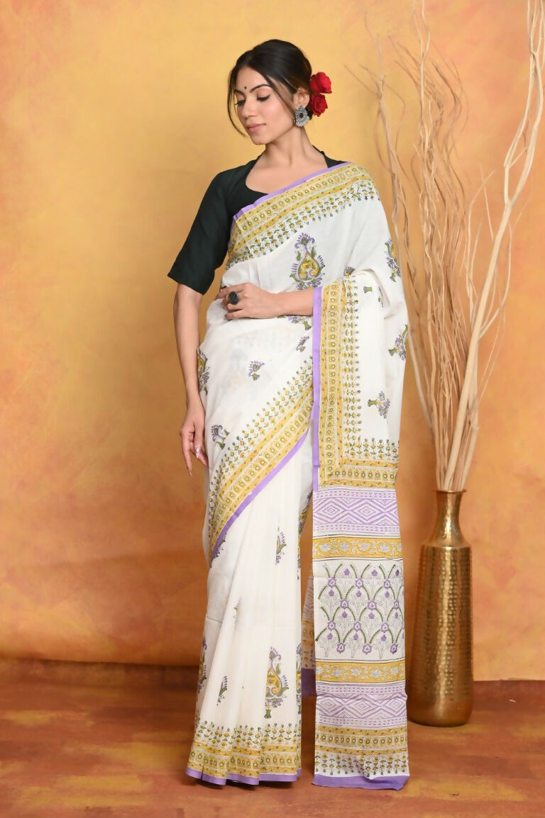 Very Much Indian Handblock Printed Cotton Saree With Natural Dyes - White