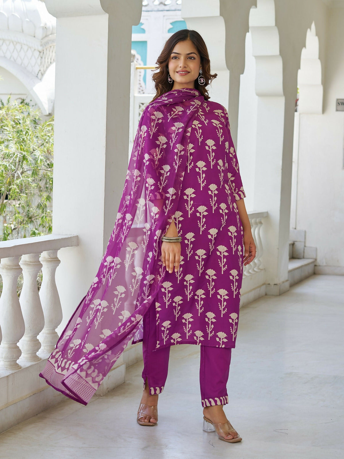 The52 Wine Women's Beautiful Cotton Blend Fabric Printed Work Straight Kurta, Pant and Dupatta Set
