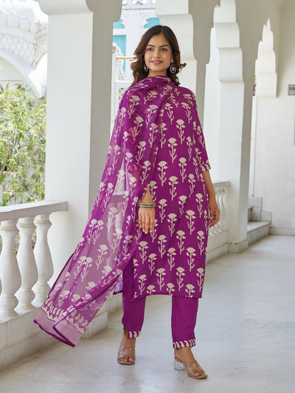 The52 Wine Women's Beautiful Cotton Blend Fabric Printed Work Straight Kurta, Pant and Dupatta Set