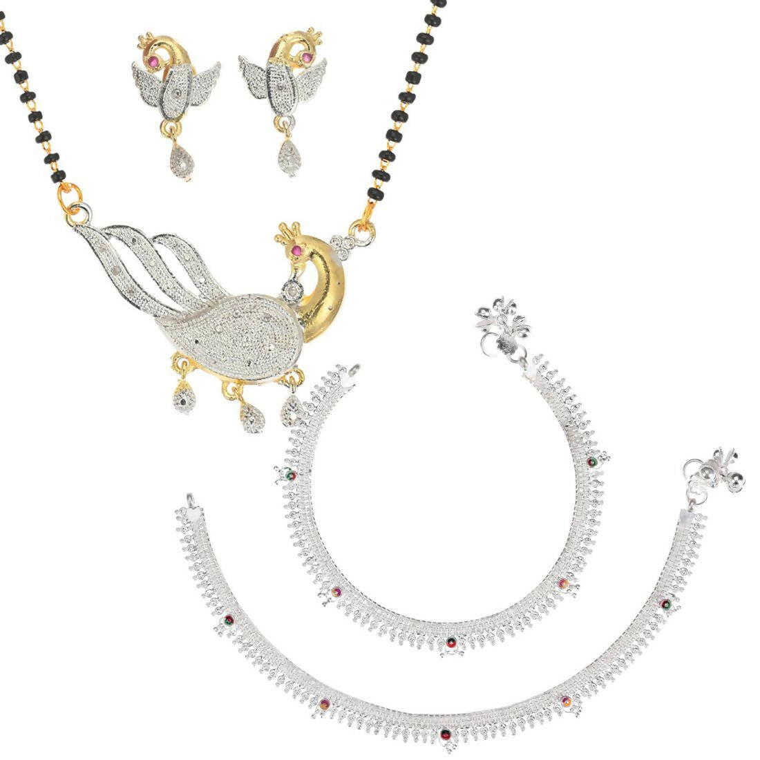 AanyaCentric Gold-Polished Mangalsutra Pendant Earring Set & Silver Plated Anklet