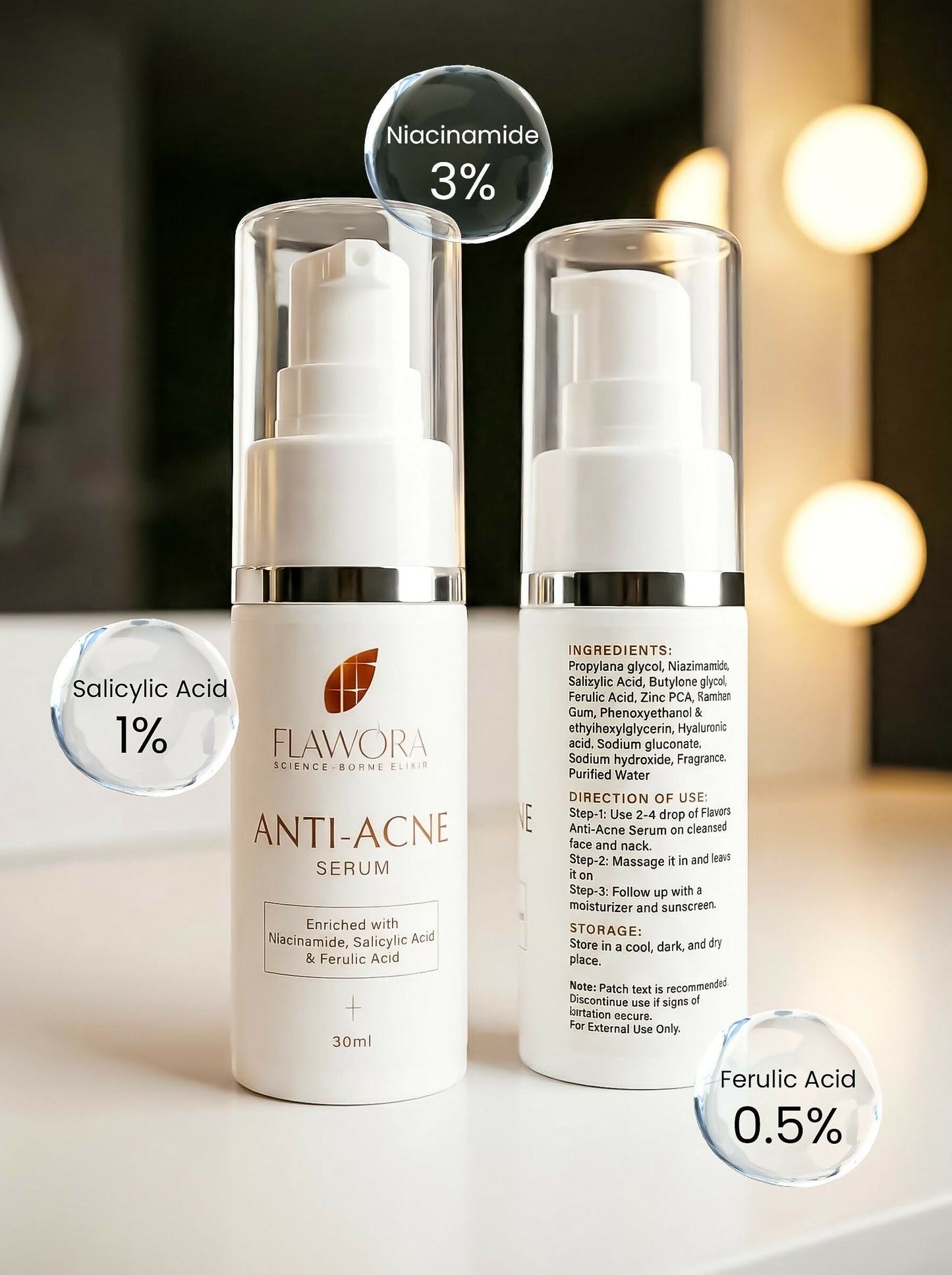 Flawora Set of Anti-Grey Hair Serum, Anti Acne Serum and Golden Glow Face Serum