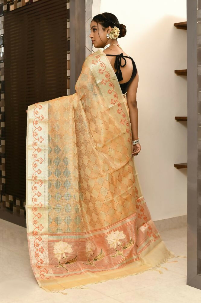 Joban Fashion Light Orange Saree Kota Tissue With Embroidery And Applick Anchal