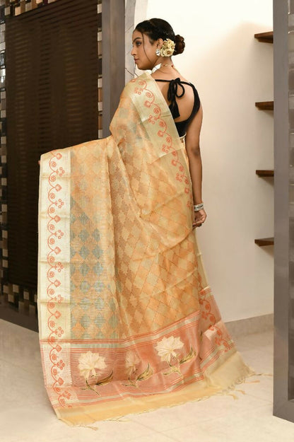 Joban Fashion Light Orange Saree Kota Tissue With Embroidery And Applick Anchal