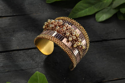 Mominos Fashion Gold-Polished Oxidised Mirror & Ghungroo Cuff openable Bracelet (MF0512)