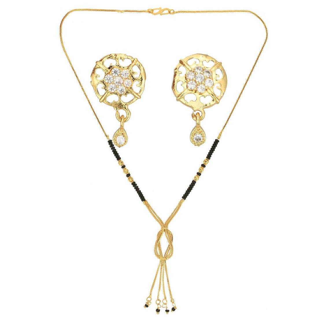 AanyaCentric Gold-Polished Short Mangalsutra Set with Earrings