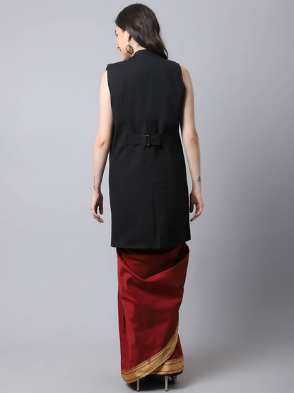 Even Apparels Black Polywool Open Front Women's Long Coat