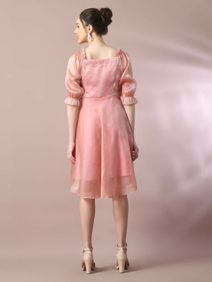 Myshka Women's Pink Solid Square Neck Fit and Flare Party Dress