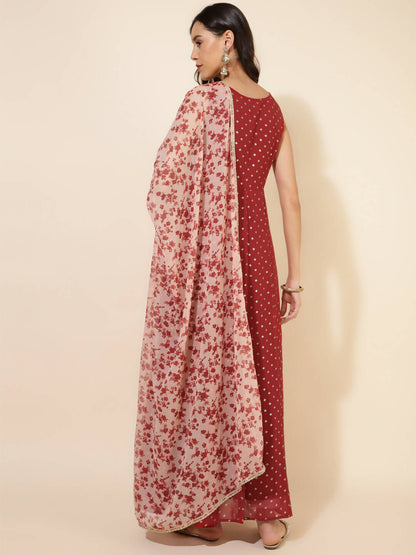 Janasya Women's Red Georgette Foil Printed Festive Anarkali Kurta Set