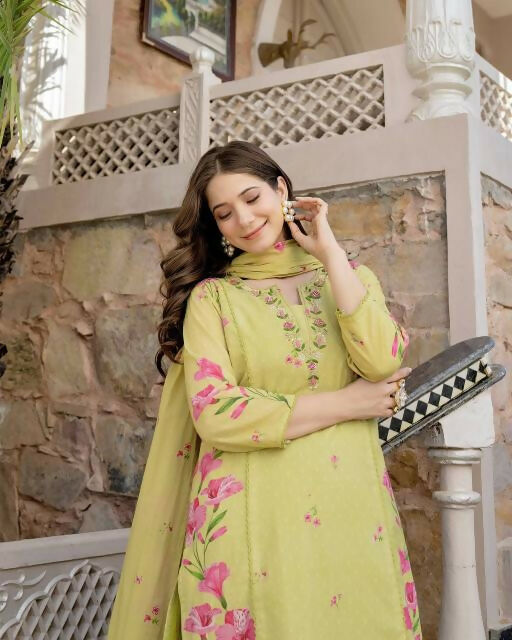 The52 Lemons Women's Beautiful Chanderi Fabric Printed Work Straight Kurta Pant and Dupatta Set