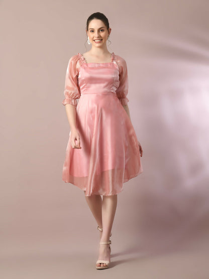 Myshka Women's Pink Solid Square Neck Fit and Flare Party Dress