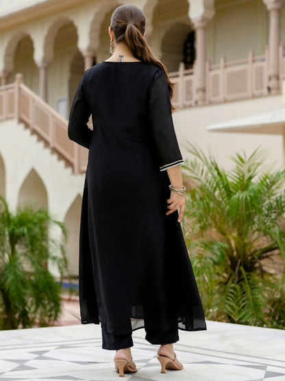 The52 Black Women's Beautiful Embroidered work Chinon Fabric with Flared Kurta, Pant and Dupatta Set